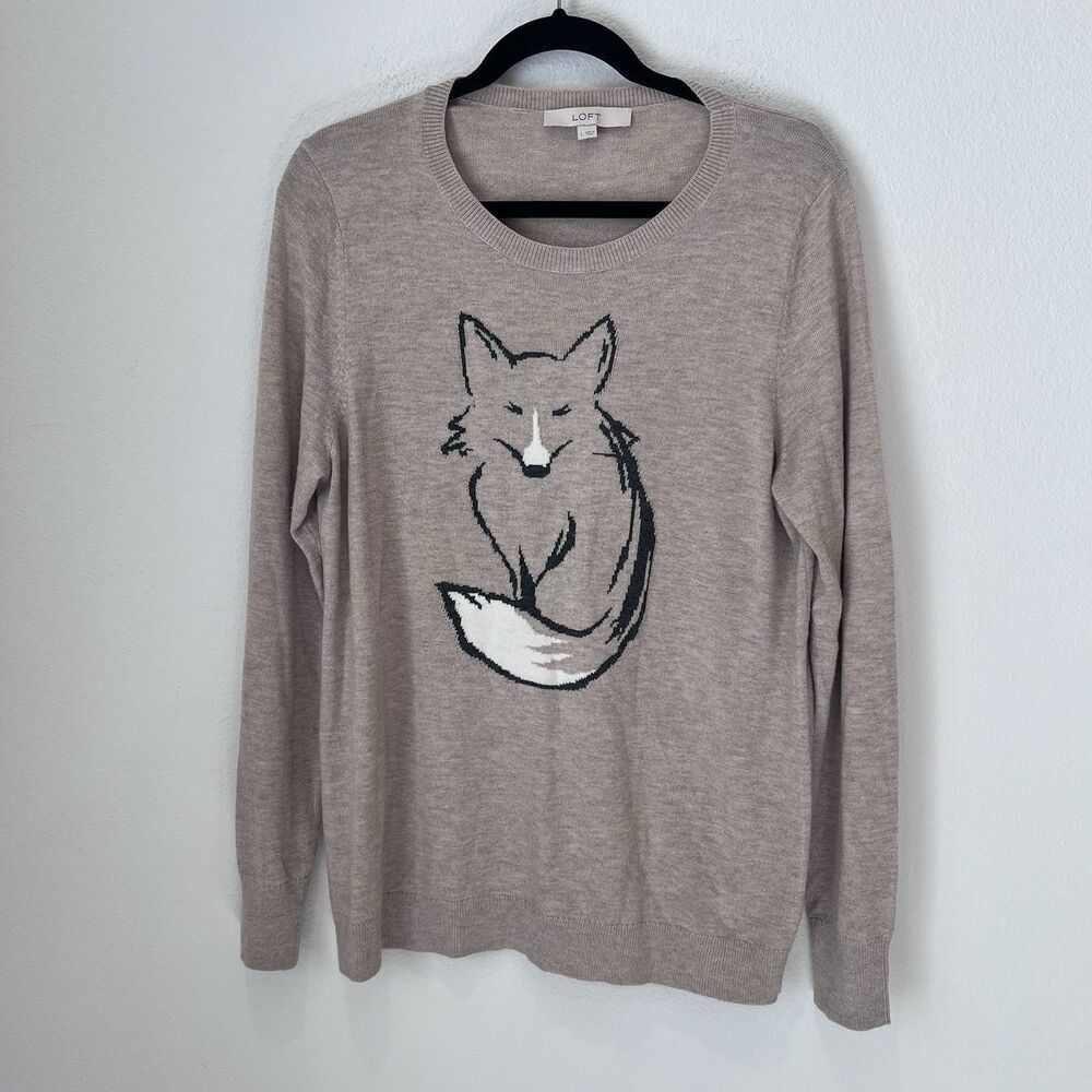 Loft Women’s Fox Print Pullover Sweater Large Tan Preppy School Wildlife Lover